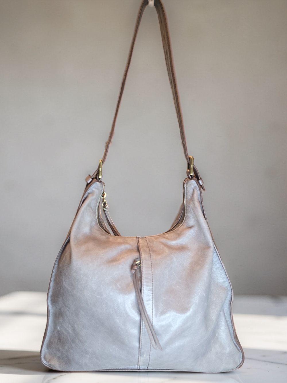 HOBO International Marley Metallic Gray Leather Slouchy Shoulder Bag